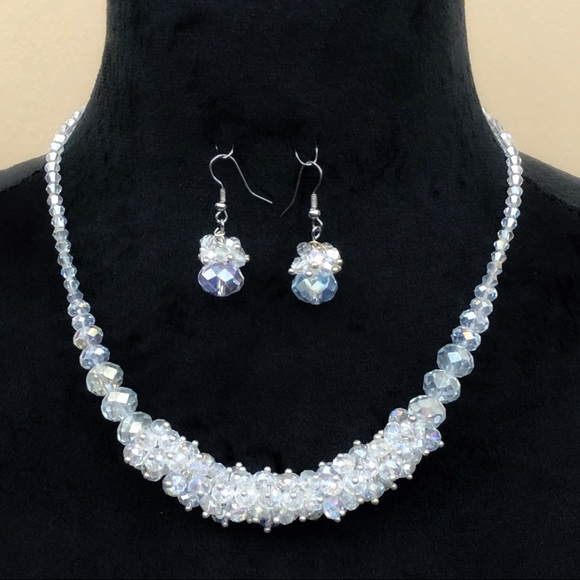 Clear Beaded Cluster Single Simple Strand Necklace & Earrings Set - Picture 1 of 4